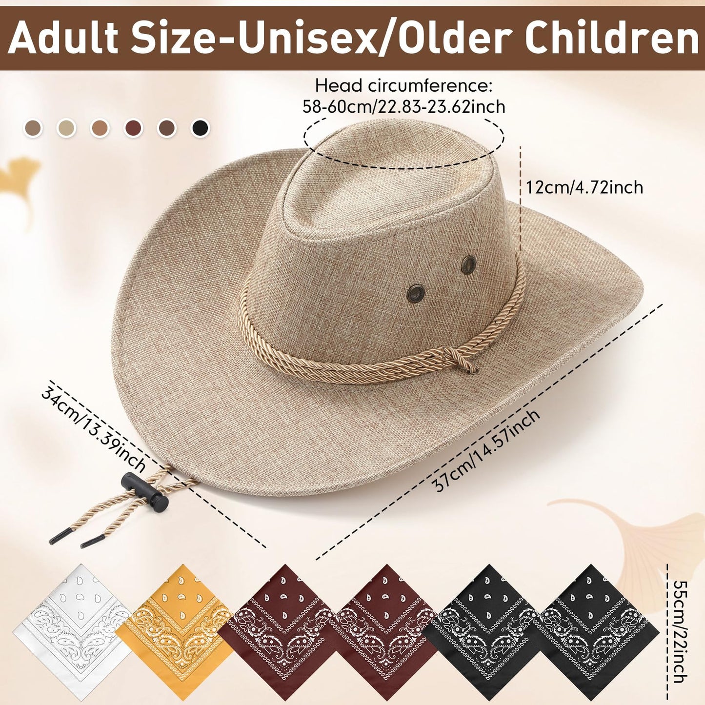 Zhanmai 12 Pcs Cowboy Hat and Bandana Cowboy Cowgirl Hats Bulk Western Party Costume Halloween Accessory (Brown Series,Hamp)