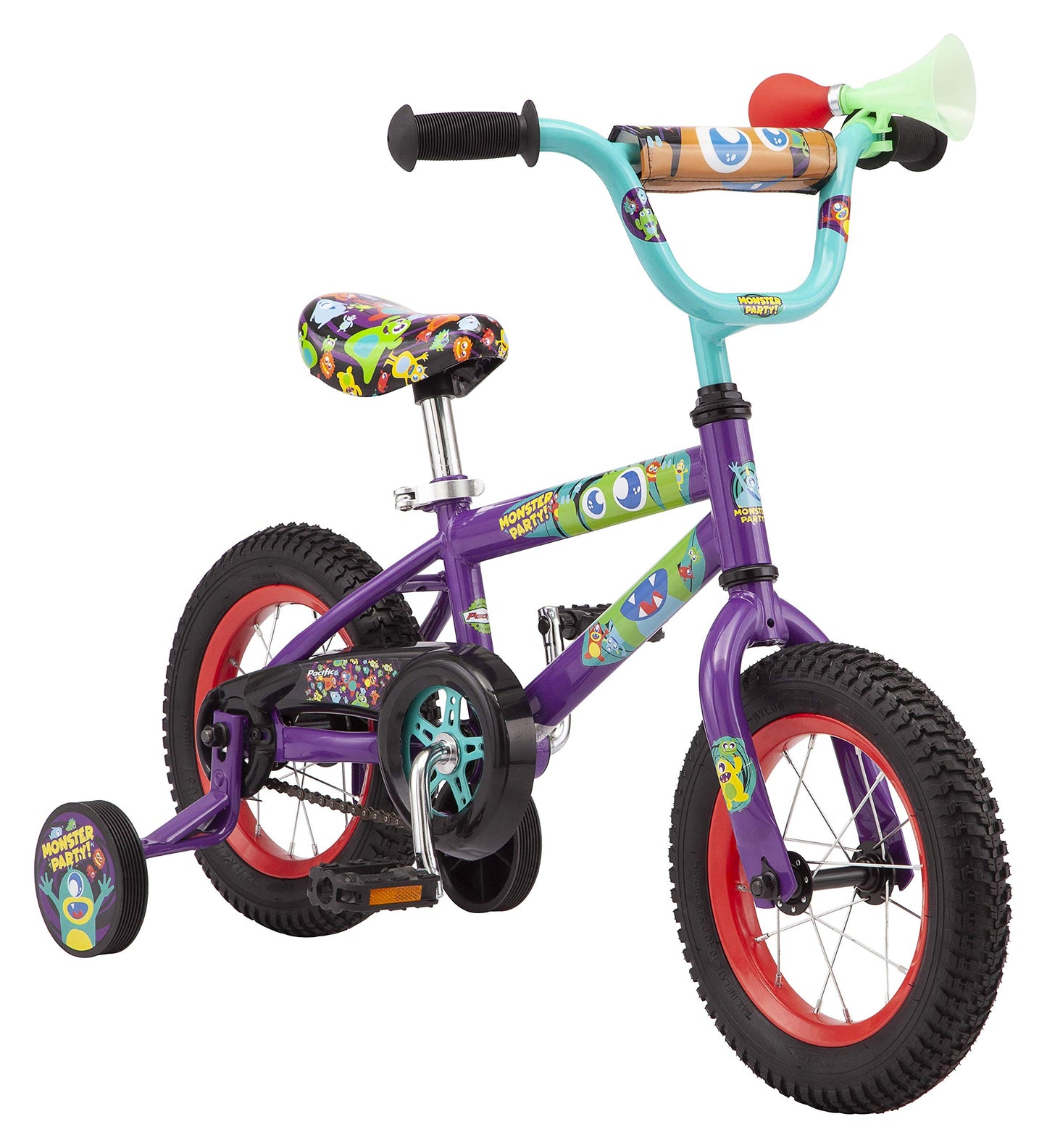 Pacific Funny Monsters Character Kids Bike For Boys And Girls, Ages 3-5 Year Old, 12-Inch Wheels, Steel Frame, Coaster Brakes, Adjustable & Quick Release Seat, Purple