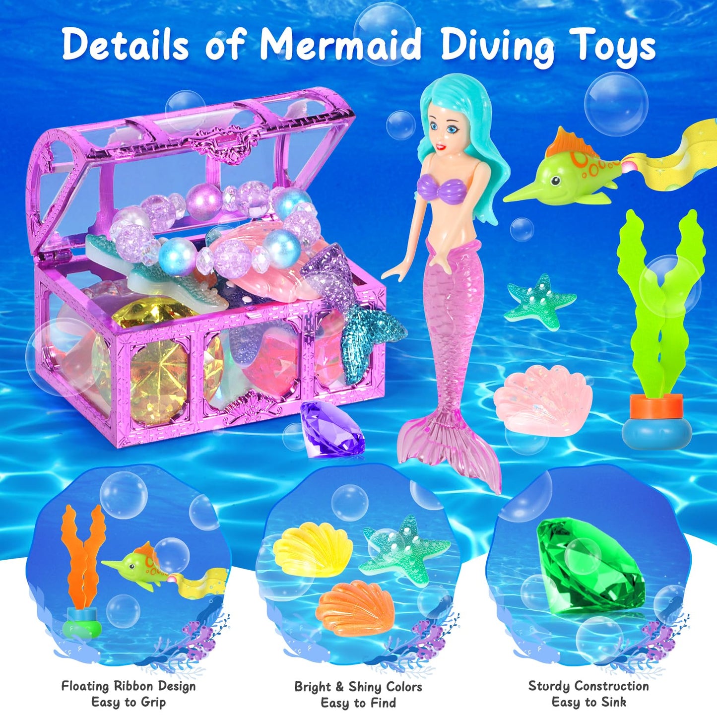 VGOFUN Diving Pool Toys for Kids Ages 3-12, 31 Pcs Mermaid Pool Toys, Diving Gem Toys with Pirate Treasure Chest, Summer Underwa