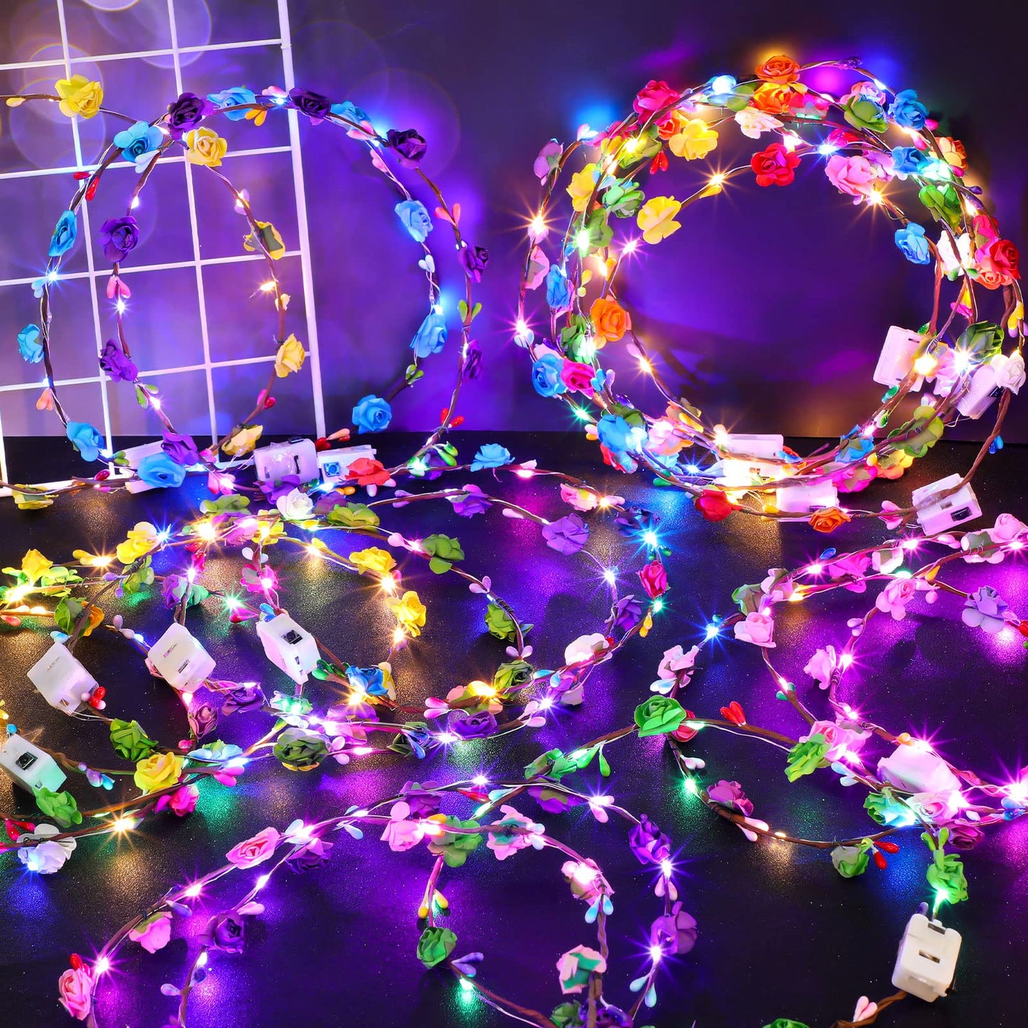 Waydress 40 Pieces LED Flower Crown Light up Headband LED Hair Garlands Glow in The Dark Flower Crown Wreath for Women Brides We