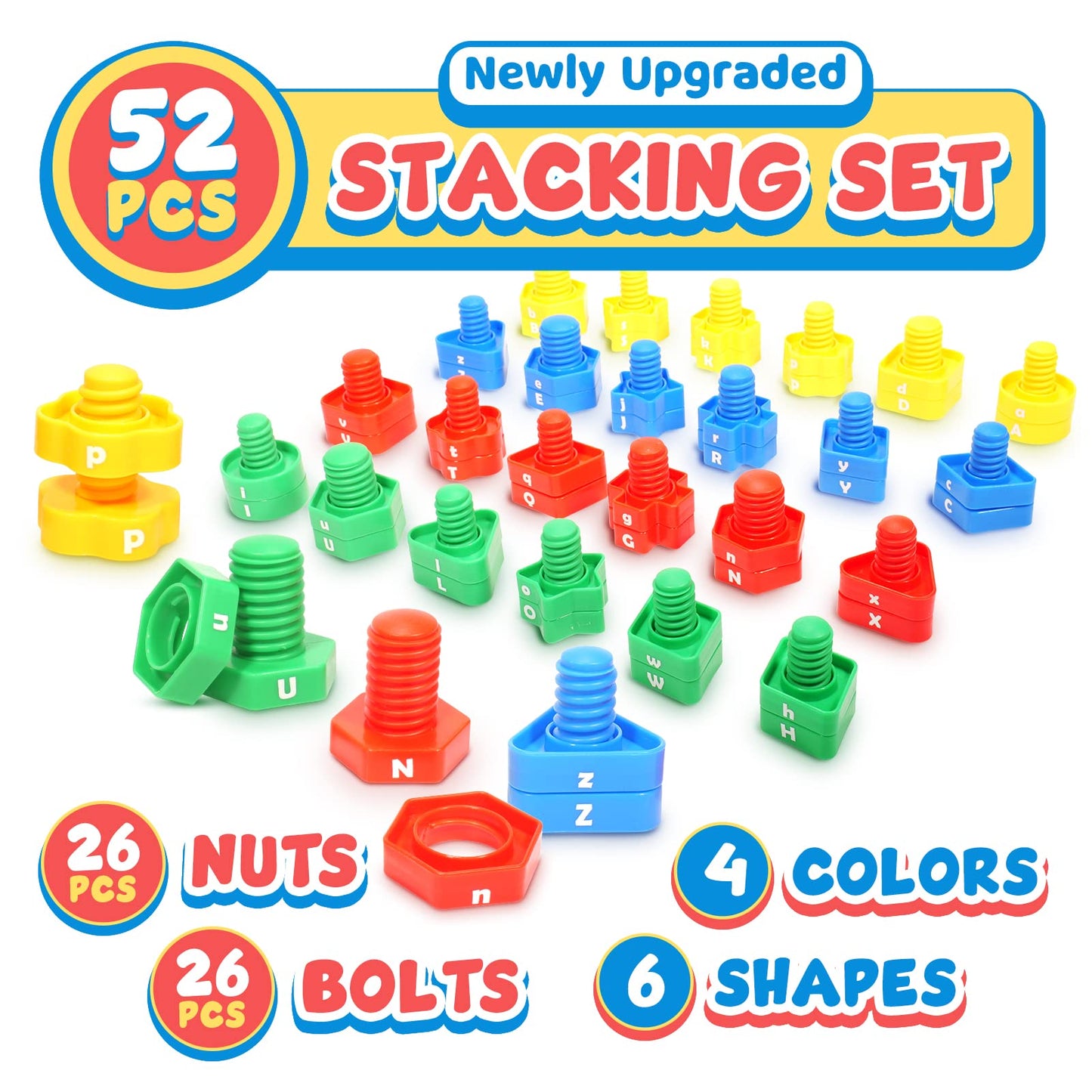 SMALL FISH Letters Learning Matching Game - 26 Alphabet Toys, 52 pcs Nuts & Bolts, Fine Motor Skills, Educational Montessori Toy for Toddlers