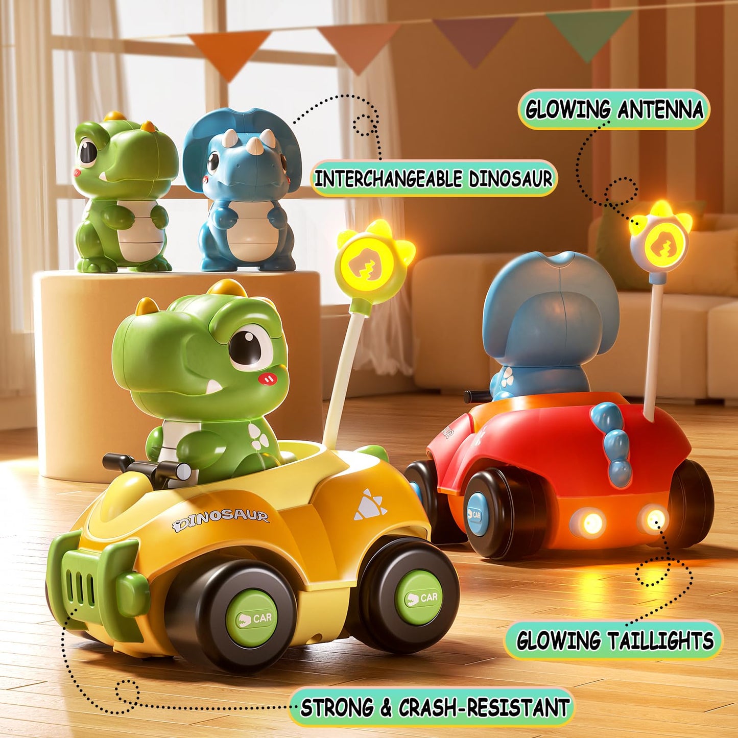 Jovow Dinosaur Remote Control Car for Toddlers,Two Dinosaur Toys Vehicles with LED Lights & Music,Electric RC Cars Toys for Boys