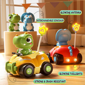 Jovow Dinosaur Remote Control Car for Toddlers,Two Dinosaur Toys Vehicles with LED Lights & Music,Electric RC Cars Toys for Boys