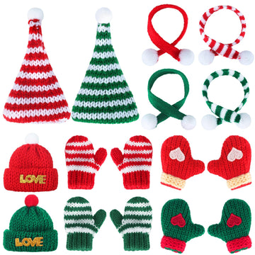 Hiboom 16 Pcs Winter Mini Knit Doll Hats and Scarves Decor Mini Santa Hat Tiny Gloves Set Christmas Doll Clothes for Christmas S