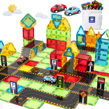 Hahaland Magnetic Tiles Road Set - Magnetic Construction Toys With Cars For Ages 3-5 Toddlers Kids Preschool Montessori Toys For 3 4 5 6 7 Year Old Boys Girls Easter Birthday Gifts