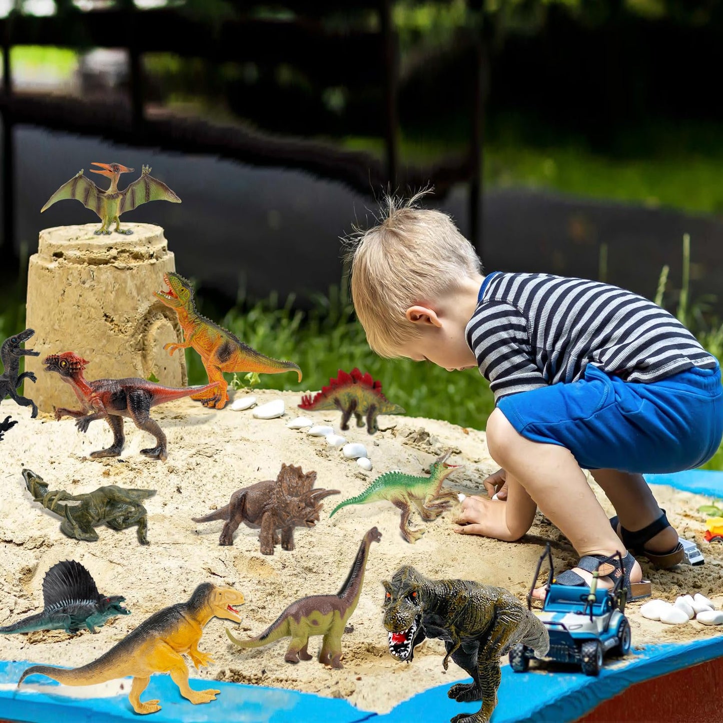 OuMuaMua Dinosaur Toys Set - 12 Realistic Plastic Figures (T-Rex, Stegosaurus) - 6-7 Inch Size - Gray - Model THD002