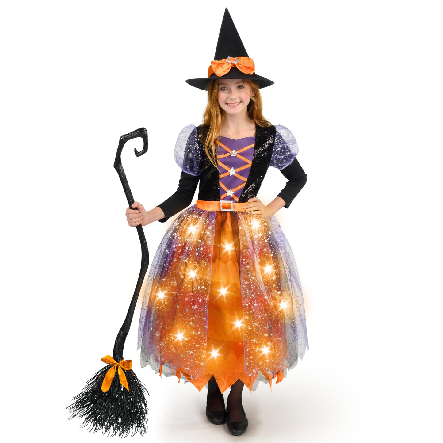 Spooktacular Creations Witch Costume Kids  Light Up Halloween Costumes Witch Dress with Hat and Broom for Girls  Sweet Wizard Set for Toddler Scary Halloween Themed Parties  Orange  L