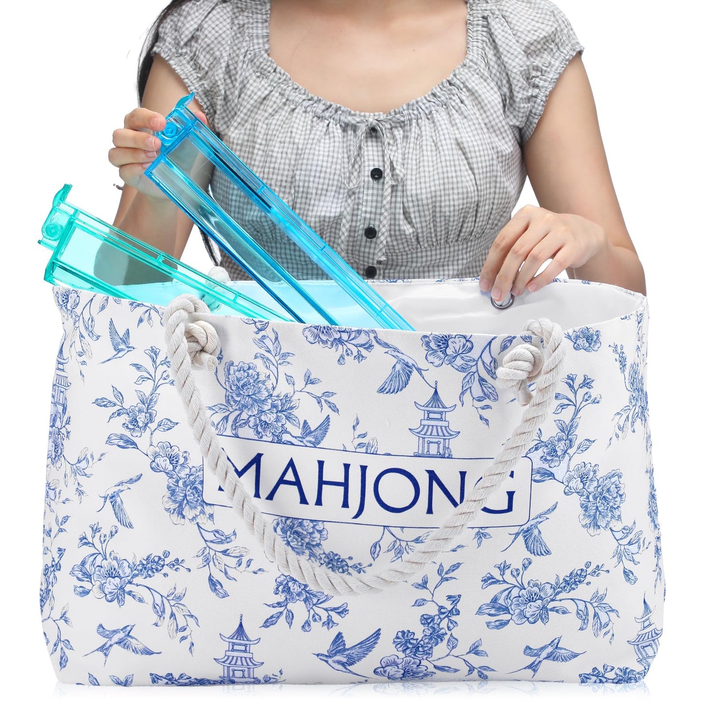 Sunnymove Mahjong Tote Bag - Canvas, 24"x13"x4.7", Blue Chinoiserie Design, Perfect for Game Lovers and Daily Storage