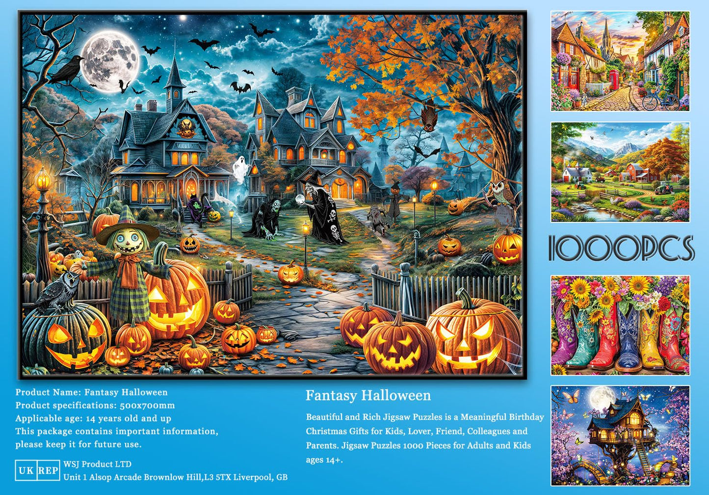 Halloween Puzzle for mature-themeds 1000 Pieces Bats Full Moon Haunted House Witches Pumpkins Jigsaw Puzzles for mature-themeds and Kids 1000 Piece Dark Fantasy Halloween Scene