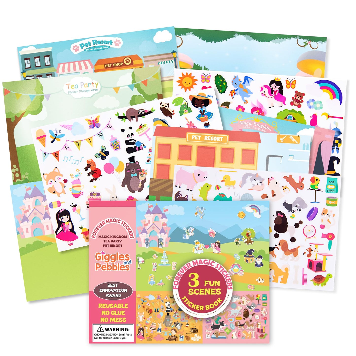 Giggles & Pebbles Reusable Stickers for Kids, Non-Adhesive Stickers for Toddler Children with 3 sceneries - Magic Kingdom, Tea P