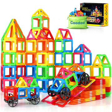 Coodoo Magnetic Tiles With 2 Cars - Magnetic Toys For 3-8+ Year Old Boys & Girls, Building Set For Toddlers - Stem Creativity Educational Toys