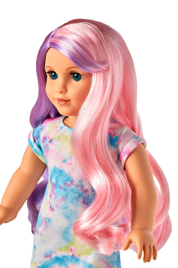 American Girl Truly Me 18-Inch Doll 116 With Light-Blue Eyes, Wavy Purple-And-Pink Hair, Light Skin With Warm Olive Undertones, Tie Dye T-Shirt Dress