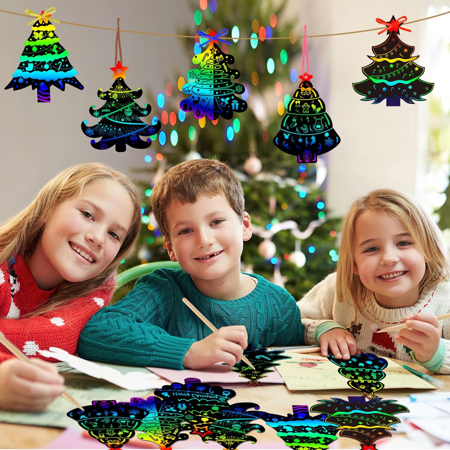 JULMELON 36 PCS Christmas Scratch Art, Christmas Crafts for Kids Magic Rainbow Scratch Paper Cards Christmas Tree Hanging Orname