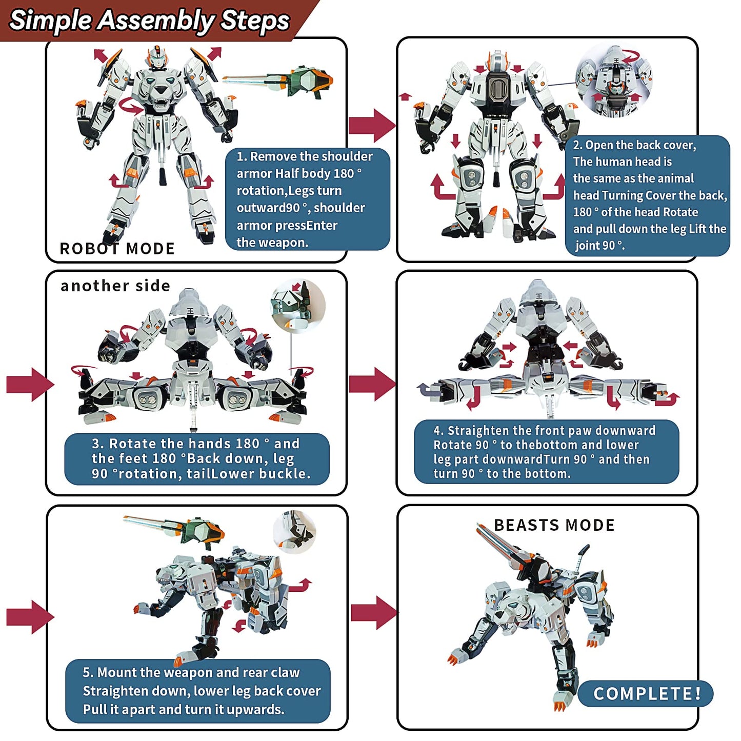 Stoulkd Animal Transforming Robot Toy - Tiger Action Figure Toy For Boys Ages 6-12 (White)