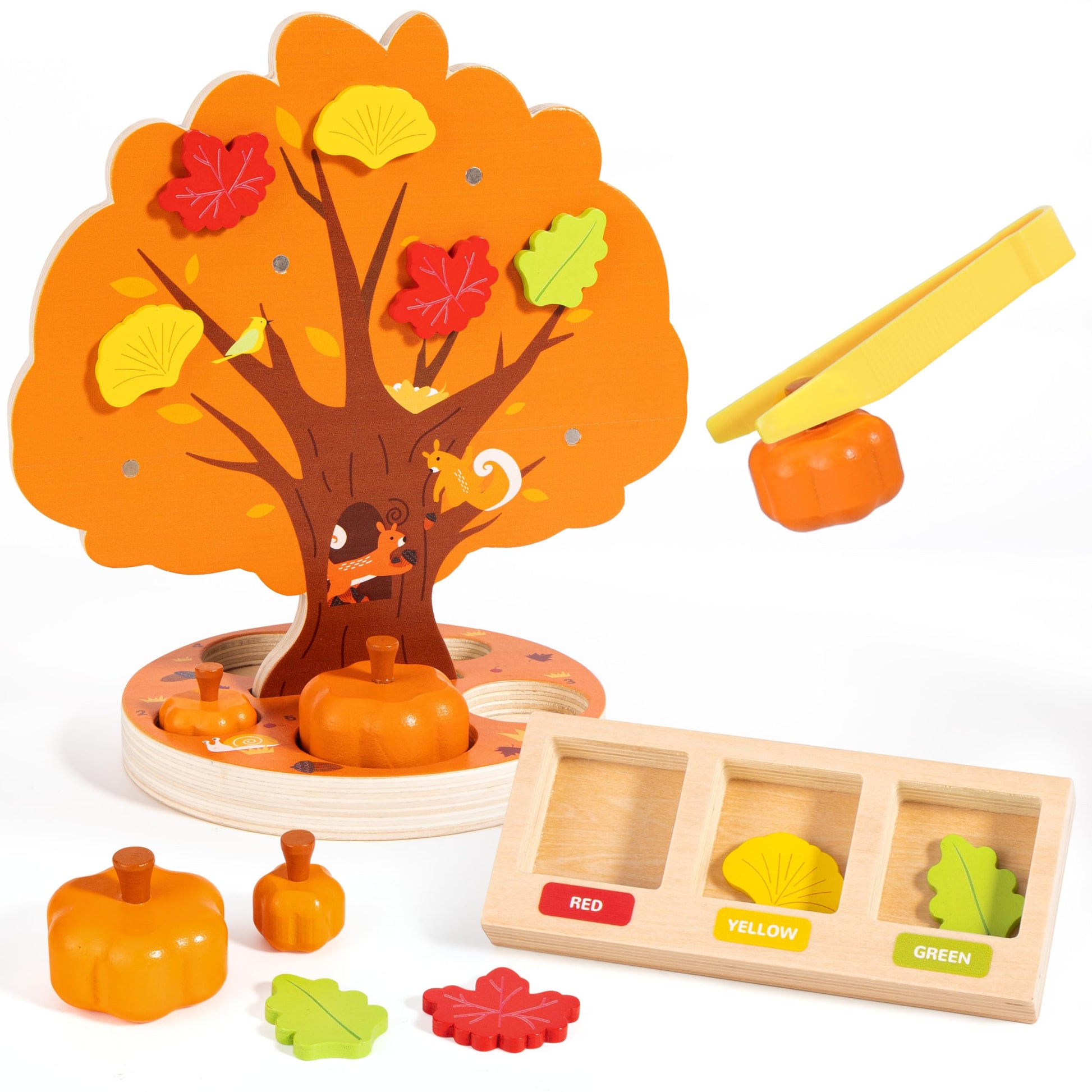 Woodtoe Montessori Toys For 3 4 5 6 Year Old, Pumpkin Picking Magnetic Leaves Tree Toy, Toddler Fine Motor Skill Toy, Wooden Sen