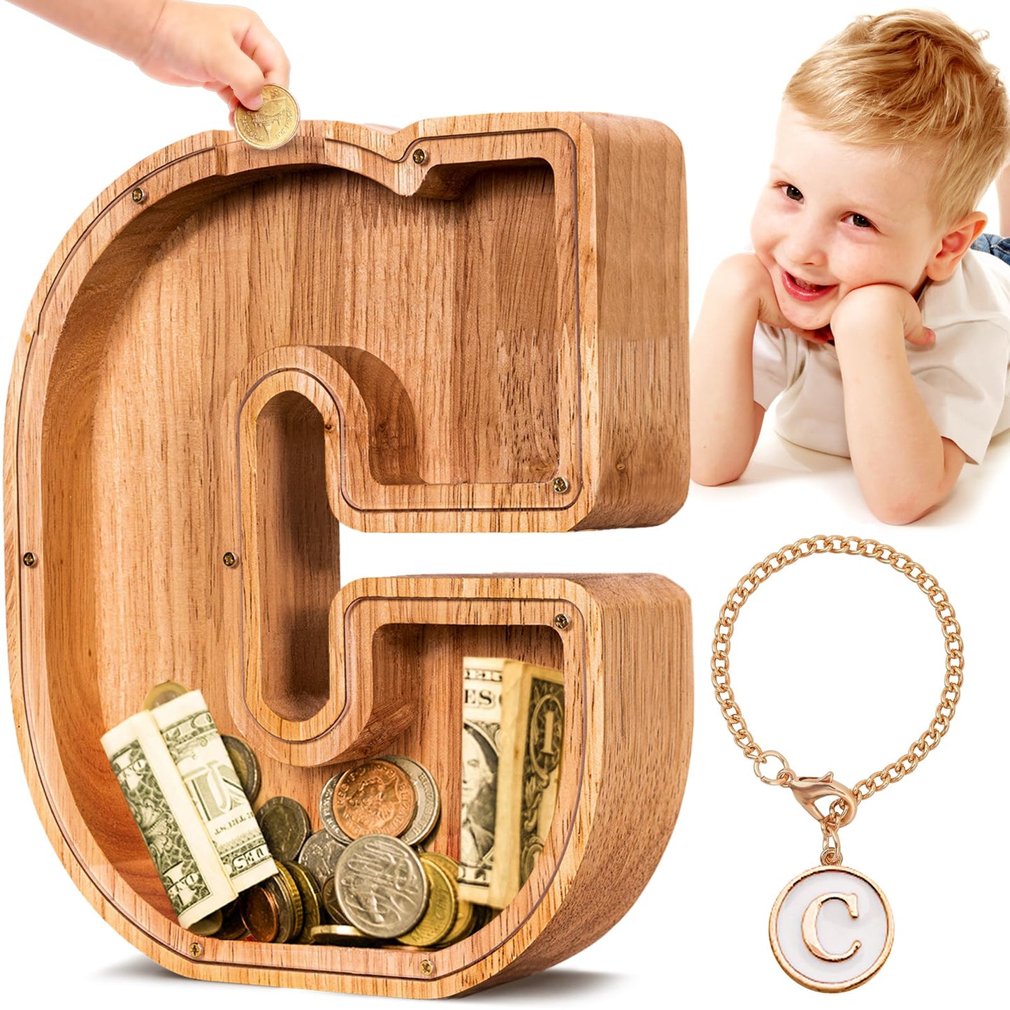 SummiDate Wooden Letter Piggy Bank| Piggy Bank for Boys Girls Toddler| Alphabet C Money Bank| Coin Bank Birthday Gift for Kids|Birthday Gift for Kids (C)