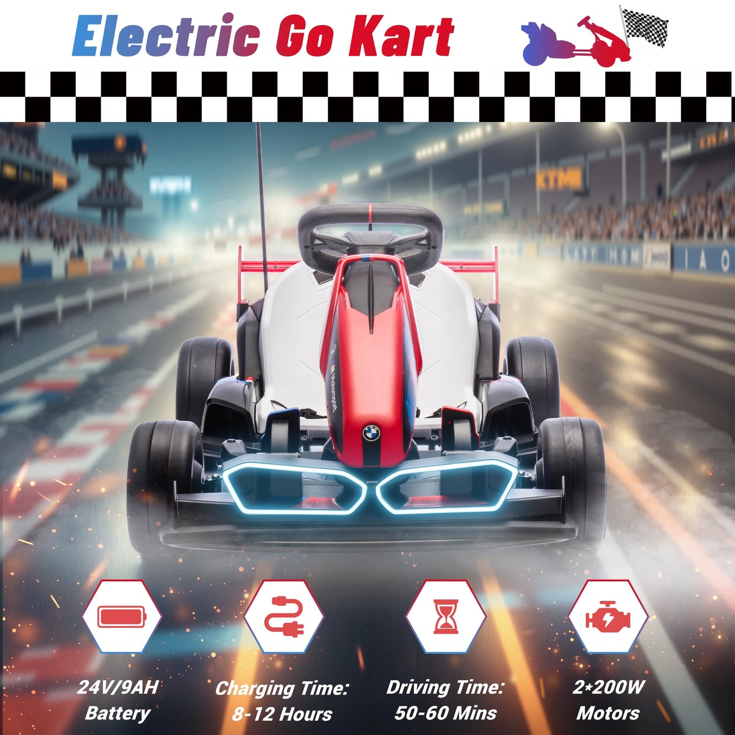 Electric Go Kart With Adjustable Seat, 24V 9Ah Drift Kart With Dual 200W Motors, Crazy Go Cart For Kids Ages 6-12, Licensed Bmw,