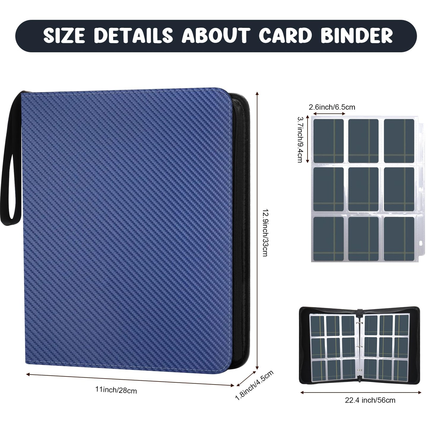 9 Pockets Trading Card Binder  HYMENEX 900 Pockets Baseball Card Binder with Sleeves and Zipper for Game Sports Cards and Kids Organized (Dark Blue)