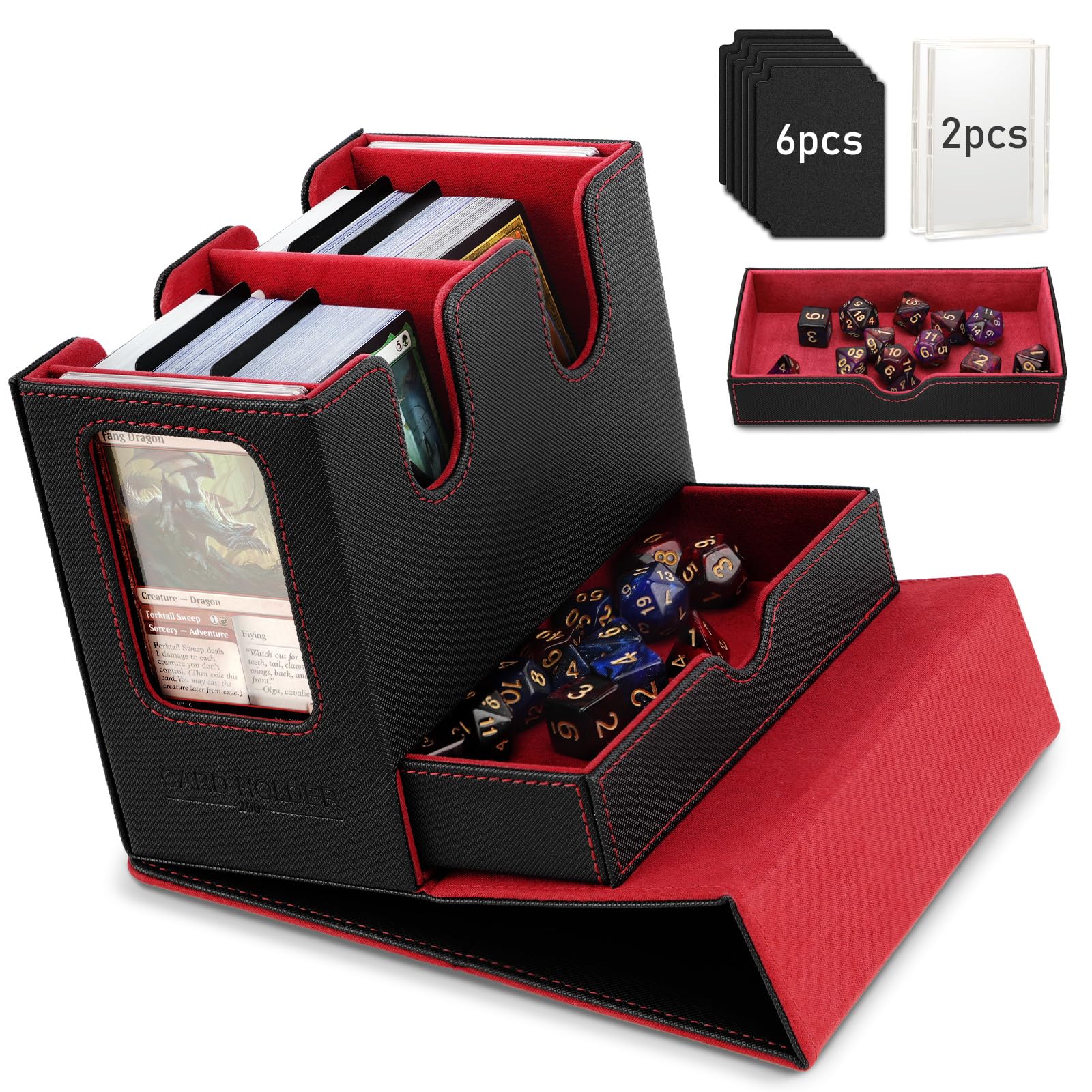 TiMOVO MTG Deck Box  MTG Commander Card Deck Box with Commander Display & Dice Tray Fits 400+ Unsleeved Cards  Leather Magnetic Card Storage Case with 6 Dividers for TCG CCG Magic Cards  Black+Red