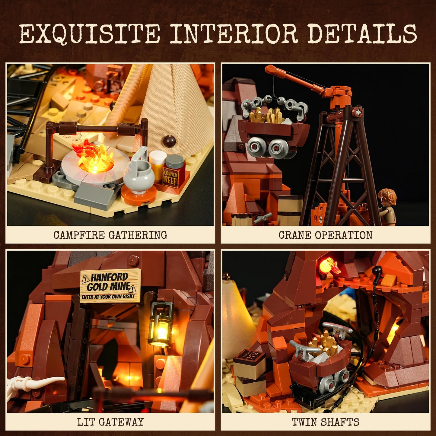 FUNWHOLE Wild West Gold Mine Lighting Building-Bricks Set - Western Prospectors Dig Entrance 658 Pcs Mining Playset for mature-themeds and West Lovers