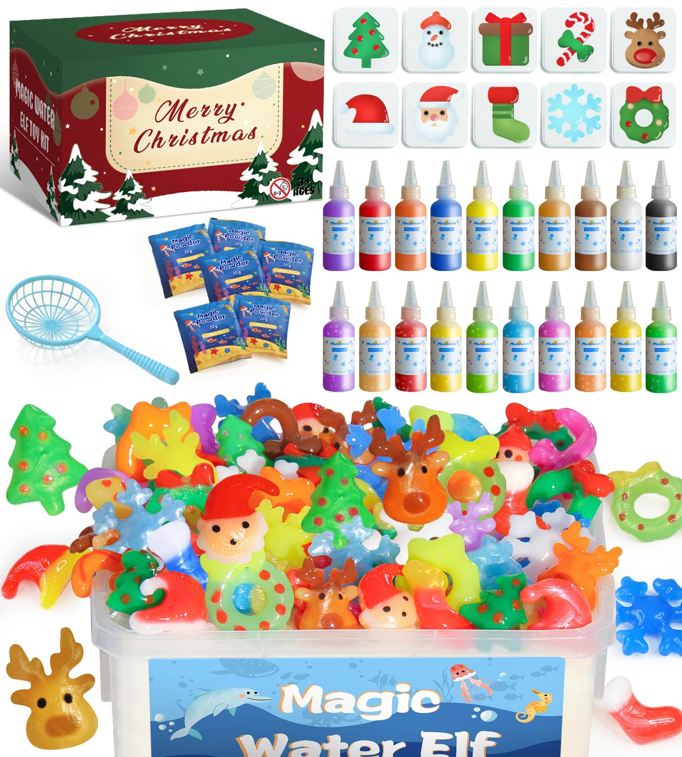 MINISENTIALS Magic Water Elf Toy Kit - Aqua Elves Gel Kit - Christmas Theme 20 Colors Fairy Gel 10 Molds Squishy Maker - Party F