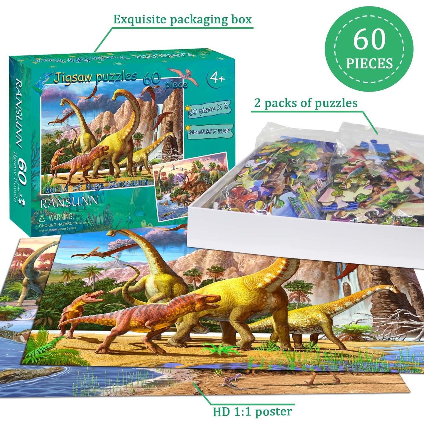 Dinosaur Puzzles For Kids Ages 4-8 Year Old - World Of Huge Dinosaurs,2 Packs 60 Pieces Jigsaw Puzzle For Toddler Children Learning Educational Puzzles Toys For Boys And Girls.