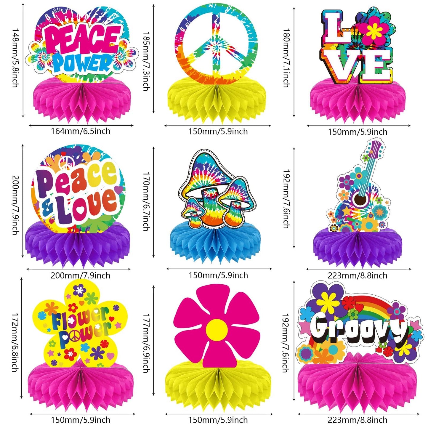 9 Pieces 60s Party Supplies Hippie Party Honeycomb Centerpieces for Tables Decorations 60s Hippie Theme Groovy Party Table Topp