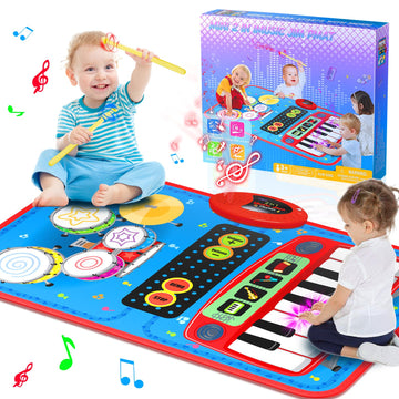 2-In-1 Musical Mat Toys For 1 Year Old Boy, Piano Keyboard & Drum Set With 2 Drum Sticks, Early Educational Musical Learning Toy