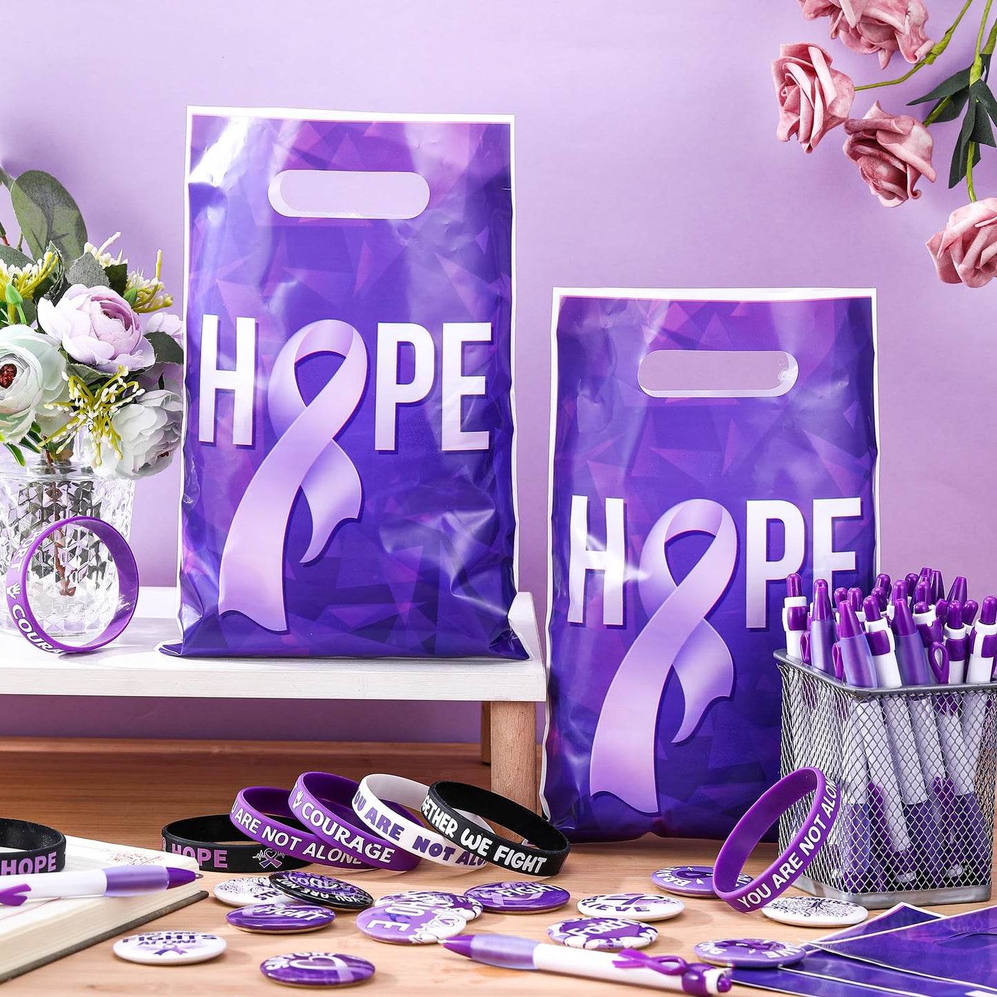 Supervitae 200 Pcs Purple Ribbon Awareness Accessories, Include 50 Purple Ribbon Gift Bags 50 Purple Awareness Wristband 50 Purp