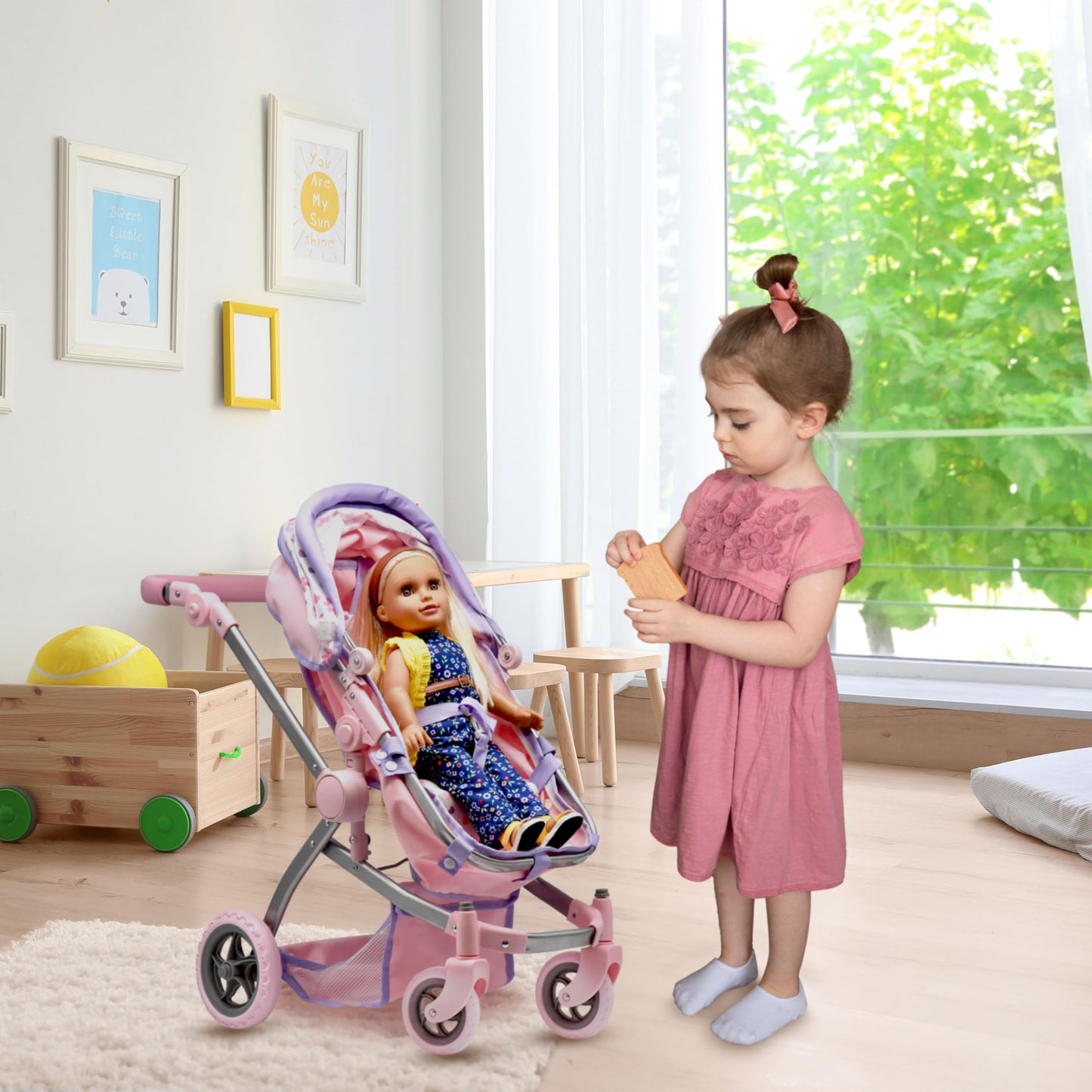 Dolls To Play Baby Doll Convertible Pram Stroller for Kids  Adjustable Handle Foldable Buggy Carriage with Canopy and Storage Basket Heavy Duty enhanced Quality Purple - 25 Inch