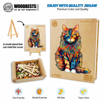 Woodbests Wooden Puzzle For Adults, Maine Cat Puzzle (L, 300Pcs, 16.5'X13.2') Beautiful Wooden Box, Wooden Jigsaw Puzzles Unique Shape, Birthday Gifts For Adults And Kids Family Game