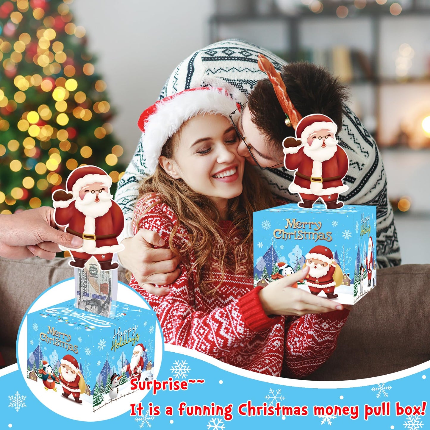 Meiidoshine Blue Christmas Money Boxes For Cash Gift Pull, Surprise Money Holder Cash Gift For Kids Adults, Diy Fun Cash Box For