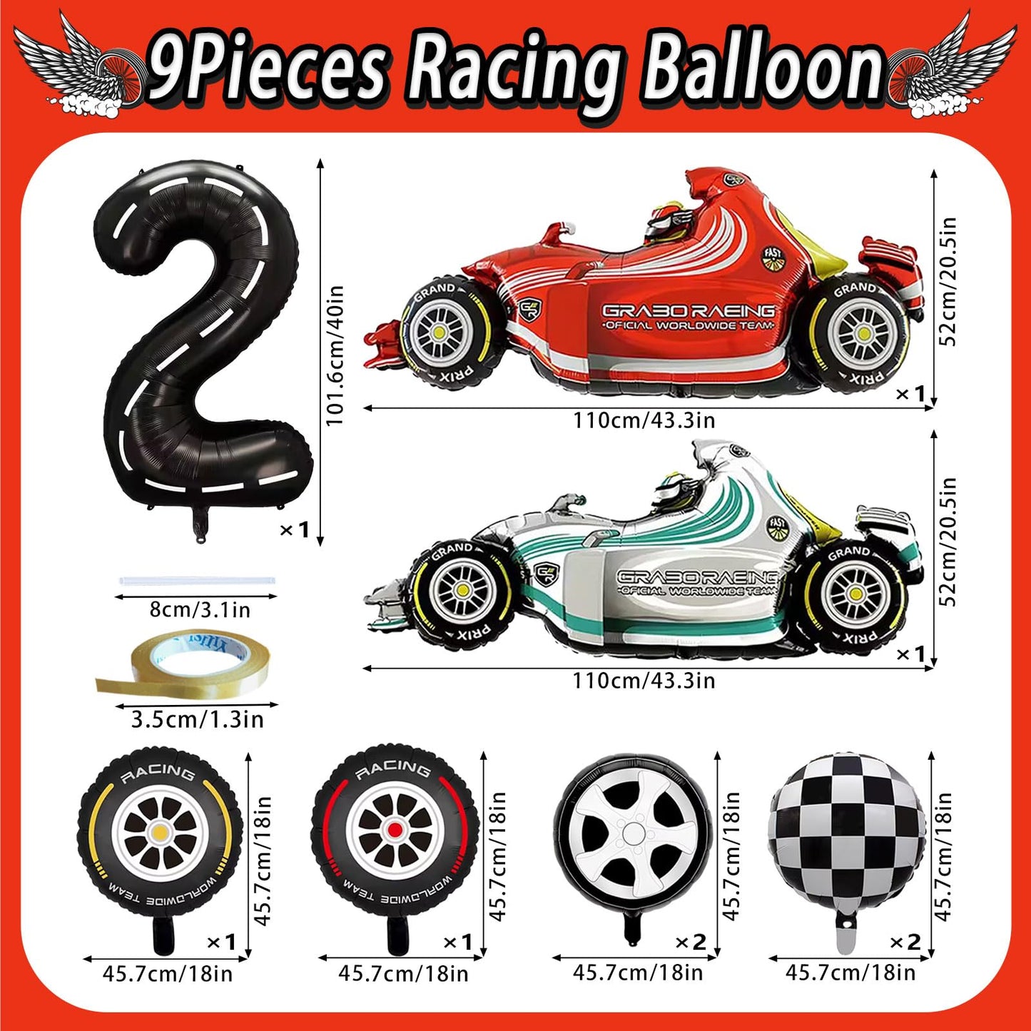 Number 2 Race Car Balloons, 43 Inch Race Car Party Decorations, Wheel Tire Balloons, Black And White Checkered Foil Balloons, Ca