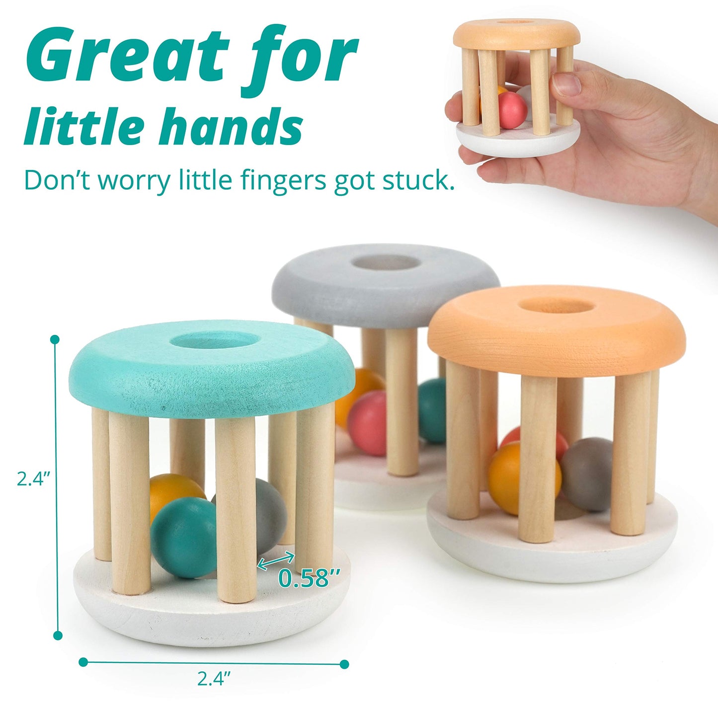 DUCKBOXX XX Montessori Infant Toys, Natural Wood Rolling Rattle Toy for Babies Ages 0m - 2yrs (White Base - 3pcs)