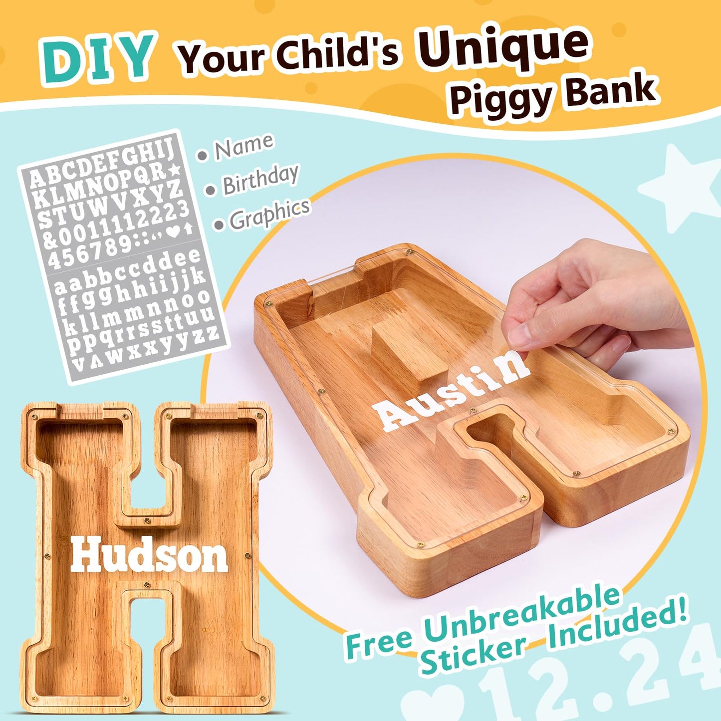 SummiDate Wooden Letter Piggy Bank| Piggy Bank for Boys Girls Toddler| Alphabet H Money Bank| Coin Bank Birthday Gift for Kids|Birthday Gift for Kids (H)