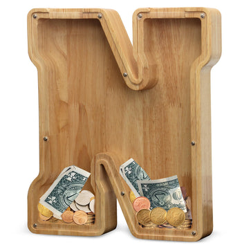 Aorcmitn Extra Large Wooden Letter Coin Piggy Bank For Boys Girls Kids Toddler Alphabet N Money Bank (Initial-N-12)