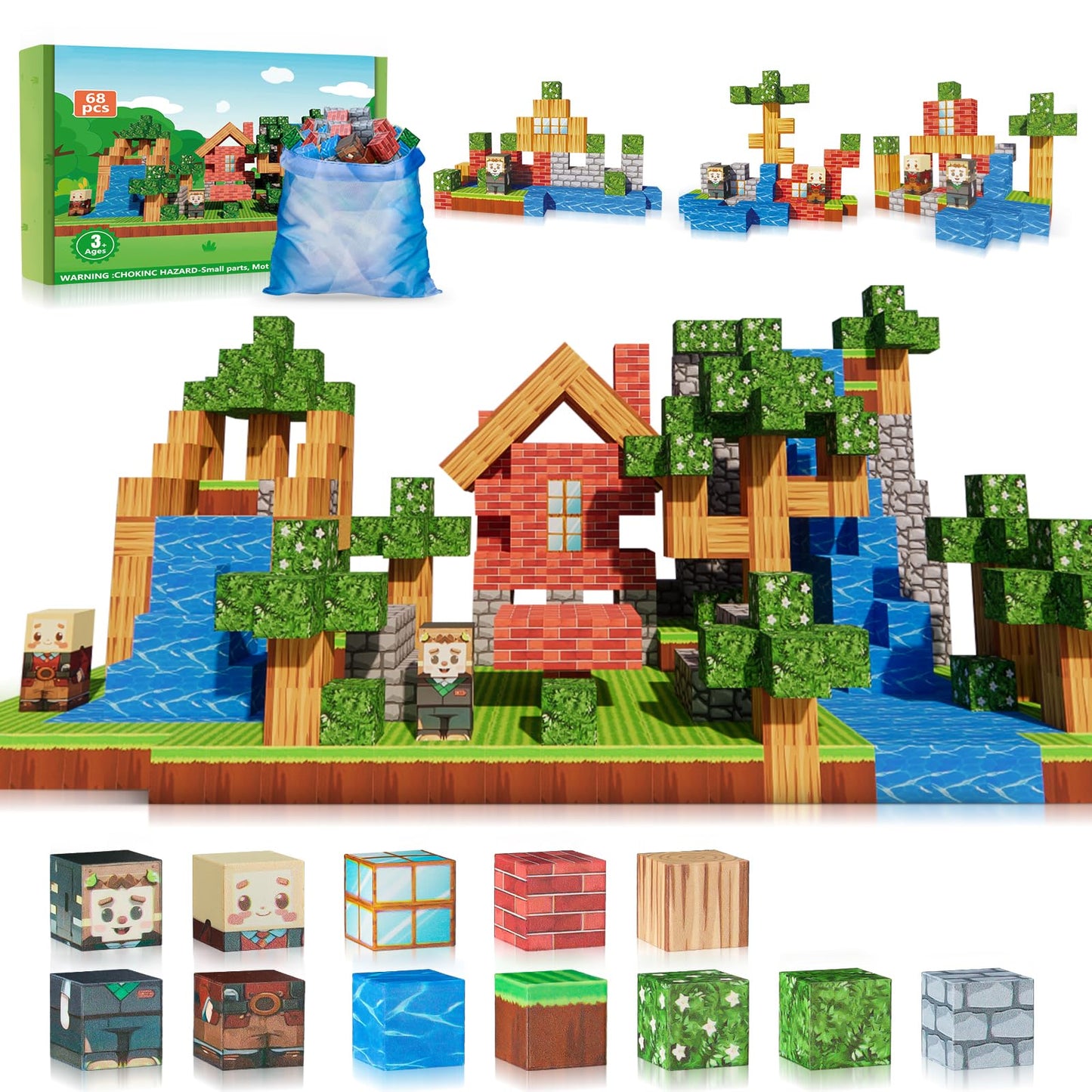 Cagwulle Magnetic Blocks-68Pcs Mine Magnet 3D Craft World Set,Magnetic Blocks Le Building Go Toys For Kids,Stem Sensory Toys For