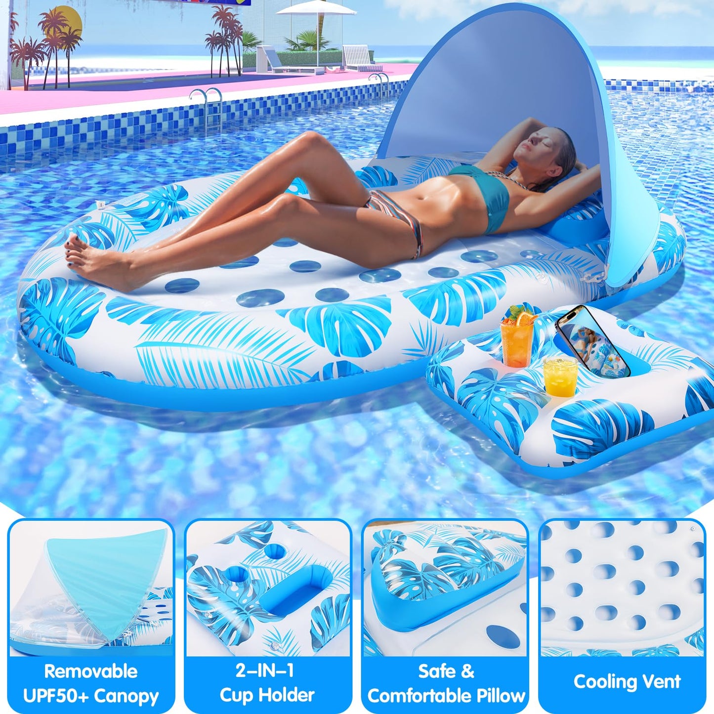 KIZJORYA 2025 New Pool Floats mature-themed with Canopy and Cup Holder  3-in-1 Inflatable Pool Lounge Floaties for Swimming Pool Lake Beach Water  Raft Lounger Floating Chair for mature-themeds Heavy Duty