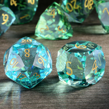 DNDND 7-Piece Glass Dice - Multifaceted Colorful DND Dice, Tabletop Gaming, Collectors | Premium Gift Box & Durable Design (Gree