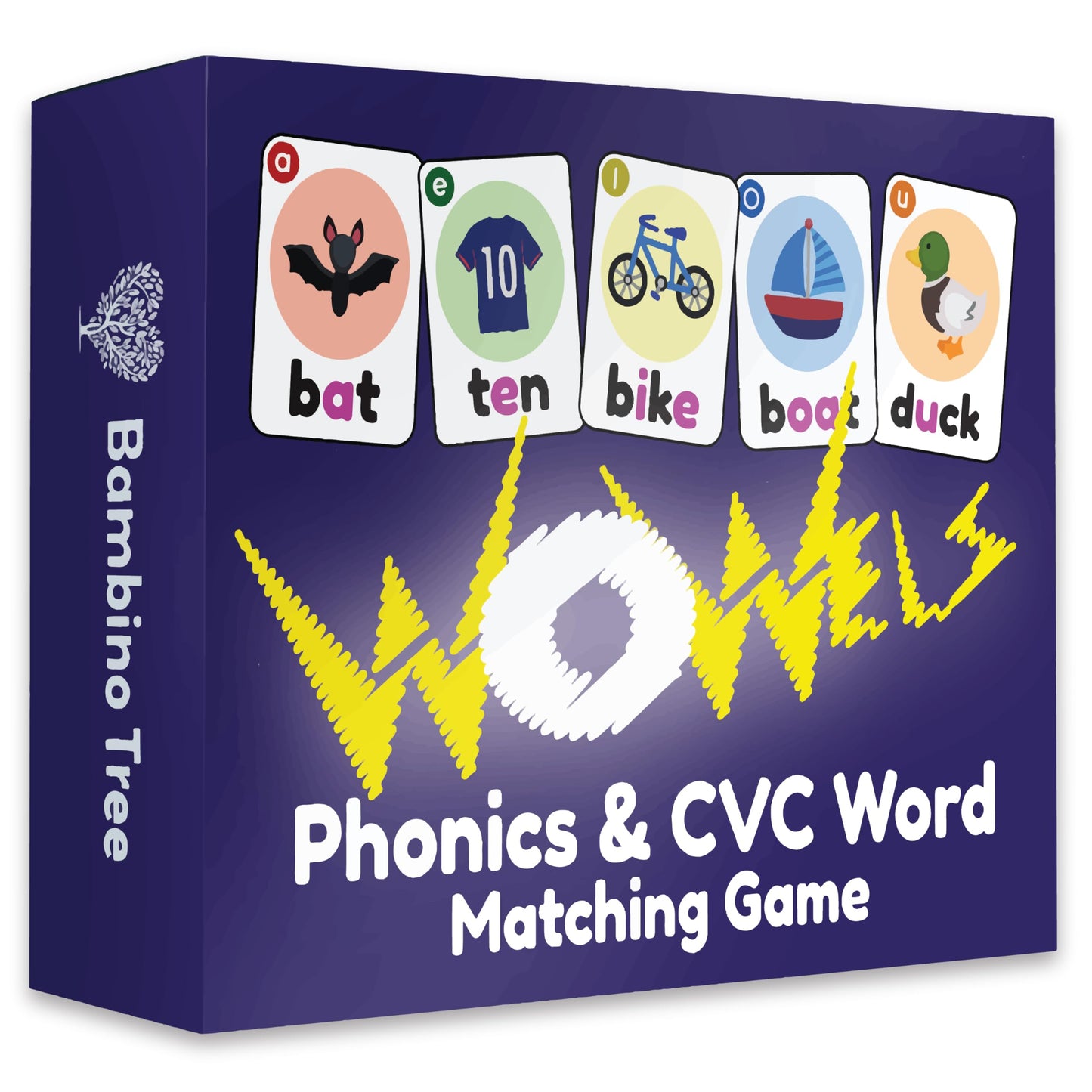 THE BAMBINO TREE Phonics Card Game - Vowel Sounds Learning for Kids, Medium, Cardstock, Purple, 2-8 Players
