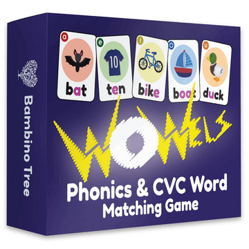 THE BAMBINO TREE Phonics Card Game - Vowel Sounds Learning for Kids, Medium, Cardstock, Purple, 2-8 Players