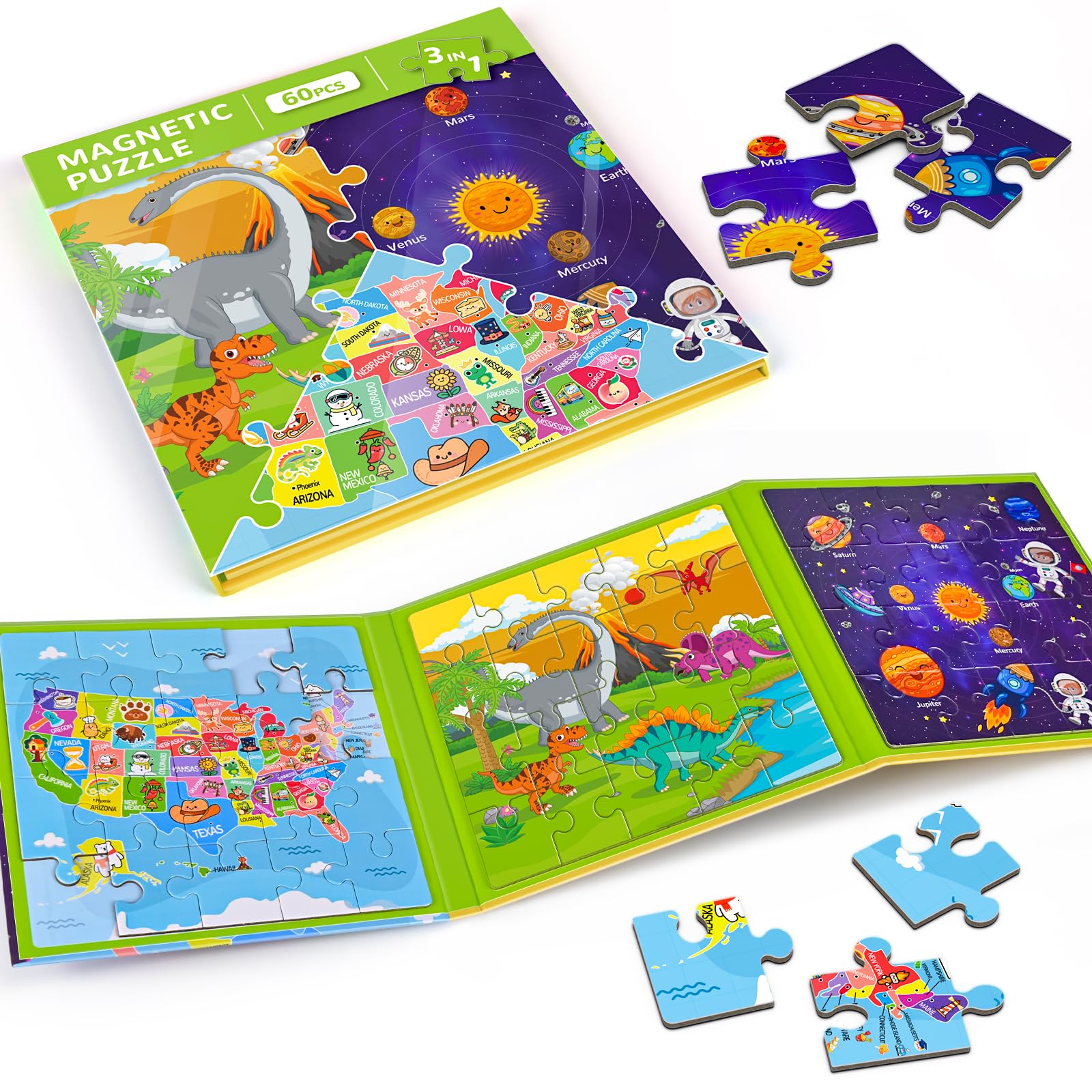 Magnetic Puzzles for Toddlers 3-5, 3 Pack Travel Puzzles for Kids Ages 3-6 with 60 Magnetic Pieces, Dinosaur, Solar System & Map