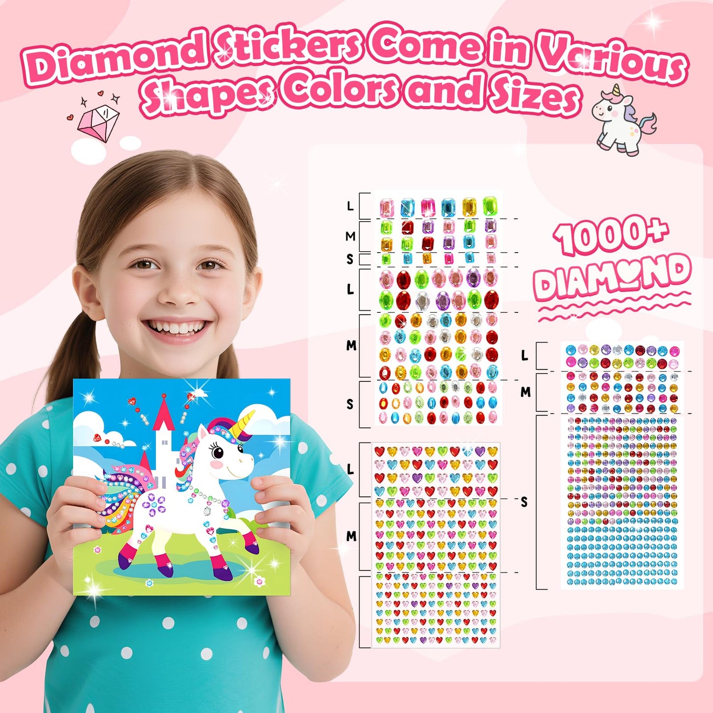 Fortand Gem Art Sticker Kit for Kids, 9x9 Inch, Pink-Unicorn, 8 Unicorn Themes, Crafts for Ages 4-12, Ideal Christmas Birthday Gift