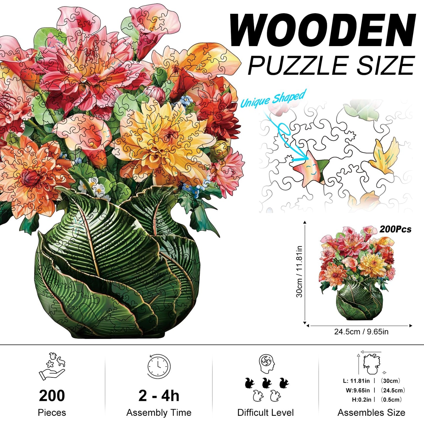 Flower Wooden Puzzles for mature-themeds  200pcs Wooden Jigsaw Puzzles for mature-themeds  Flowers Unique Shaped Jigsaw Puzzles Creative Gift for Friend Family Game Medium Size 9.6'' x 11.8''