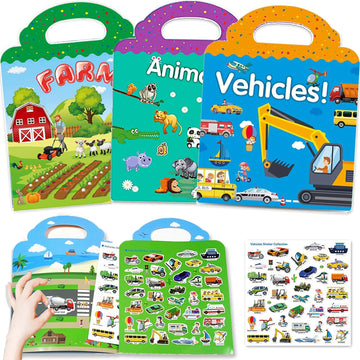 Reusable Sticker Books For Kids, 3 Sets Travel Removable Toddler Sticker Books For 2 3 4 5 Year Old Girls Boys Birthday Gifts Educational Learning Toys For Age 2-4 - Farm & Zoo Animal, Vehicle