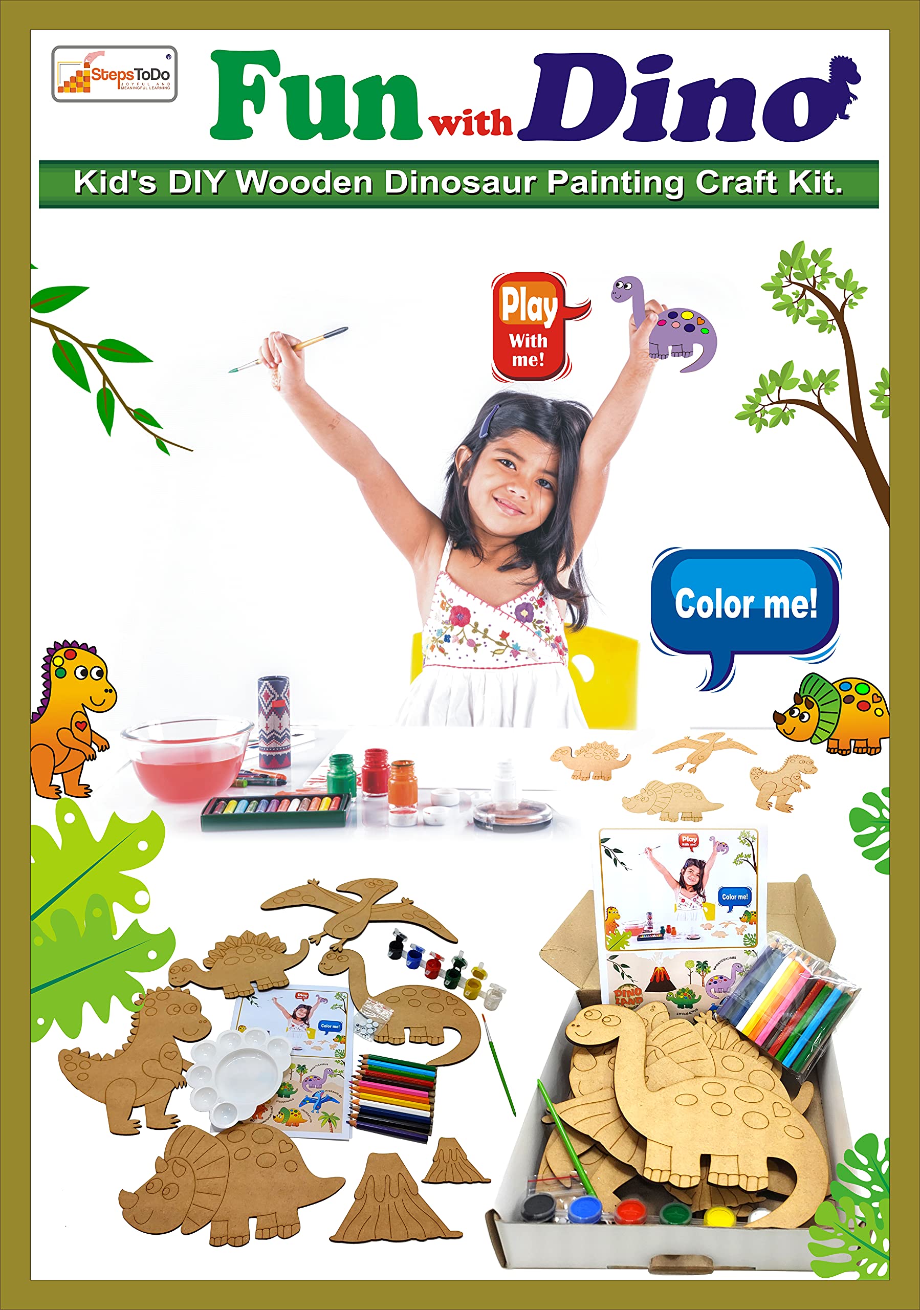 Stepstodo Fun With Dino. KidS Diy Wooden Dinosaur Painting Craft Kit. Ideal For Home Schooling Activity