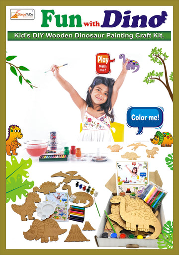 Stepstodo Fun With Dino. KidS Diy Wooden Dinosaur Painting Craft Kit. Ideal For Home Schooling Activity