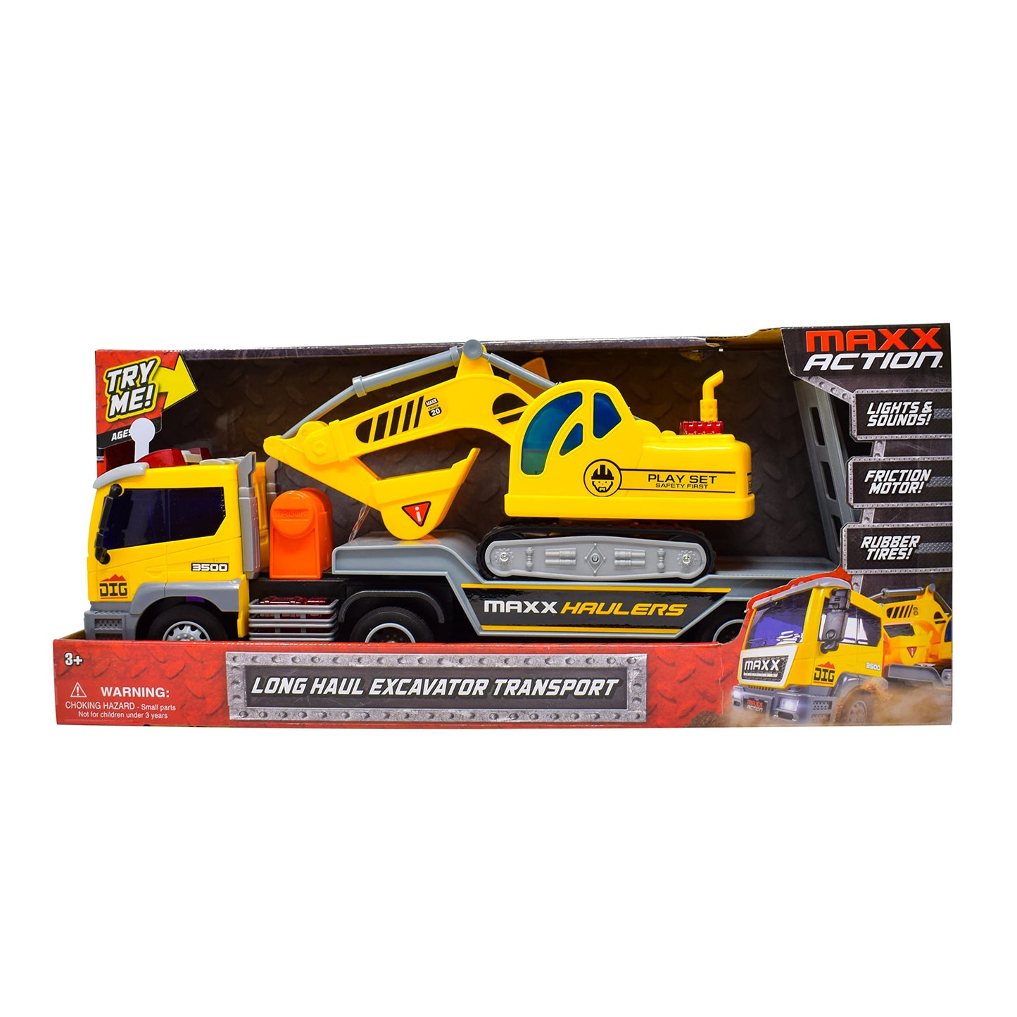 Maxx Action 17” Vehicle Transport Playset with Excavator, Bright Lights & Sounds, Friction Powered, Yellow Construction Truck for Kids