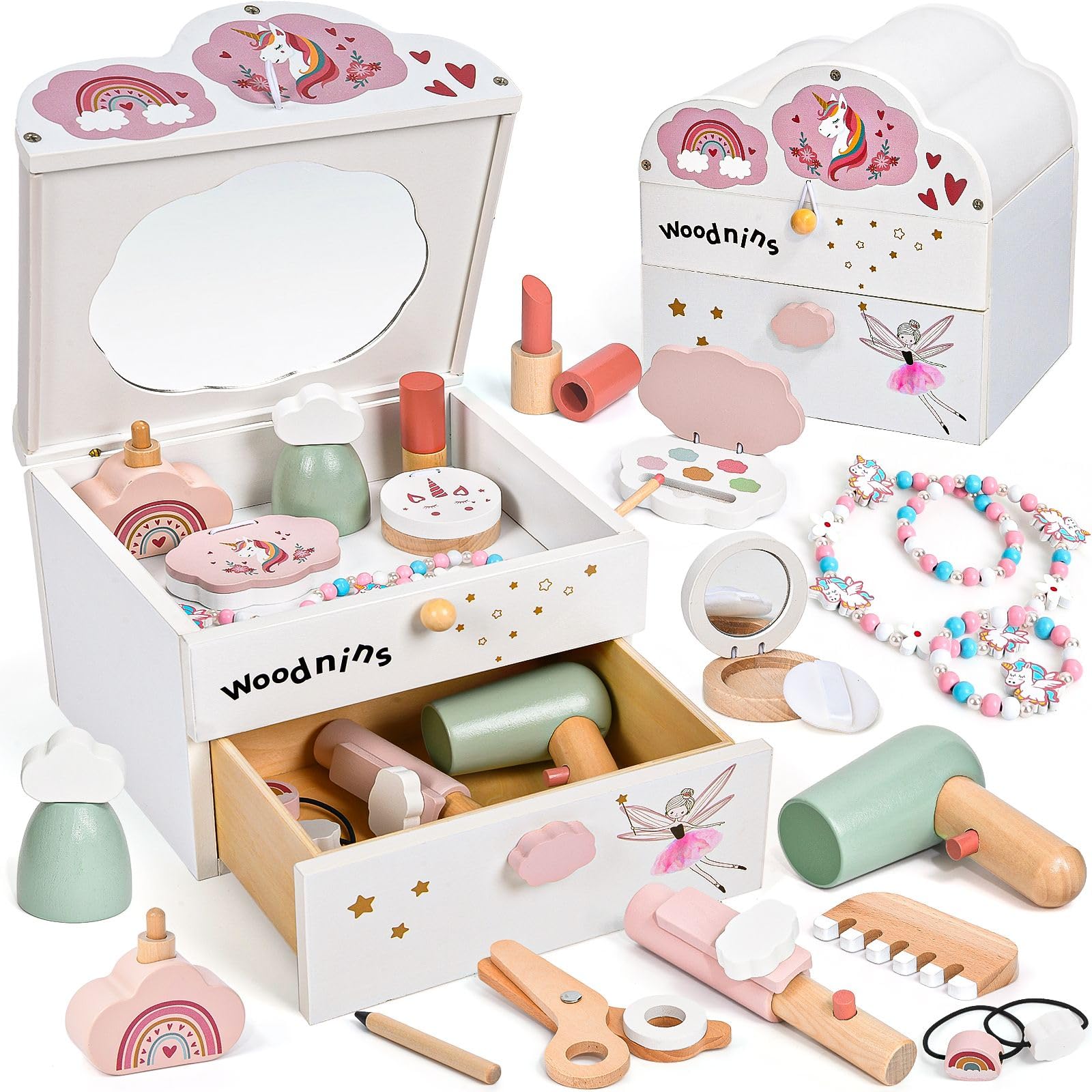 Lonico Wooden Kids Vanity Set For Toddlers 3-5, 19 Pcs Princess Pretend Play Makeup Kit With Vanity & Mirror & Drawer, Christmas