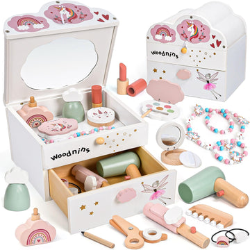 Lonico Wooden Kids Vanity Set For Toddlers 3-5, 19 Pcs Princess Pretend Play Makeup Kit With Vanity & Mirror & Drawer, Christmas